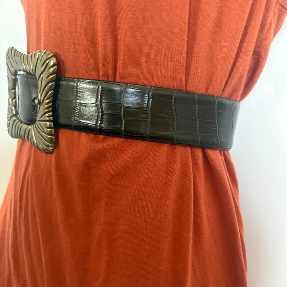 Adrienne Landau Studio Black Croc‎ Embossed Leather Belt Bronze Buckle Size L
